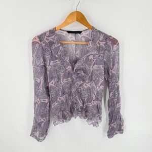 Express Design Studio‎ 100% Silk Purple Paisley Ruffle Small Boho Fairy Top